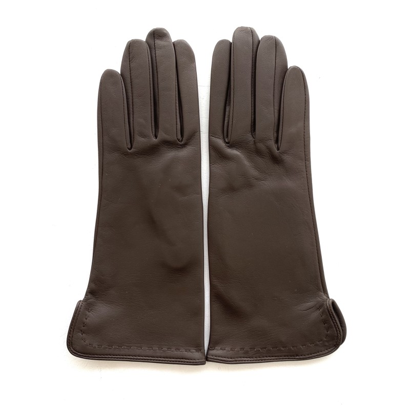 Gants en Cuir d'Agneau Brun Violette Doublés Soie.