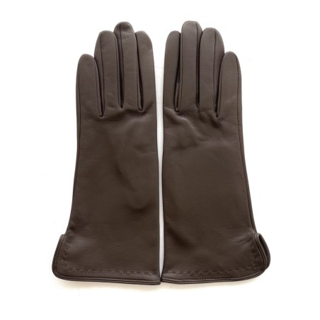 Gants en Cuir d'Agneau Brun Violette Doublés Soie.