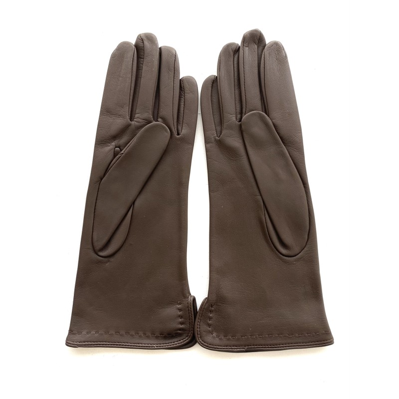 Gants en Cuir d'Agneau Brun Violette Doublés Soie.