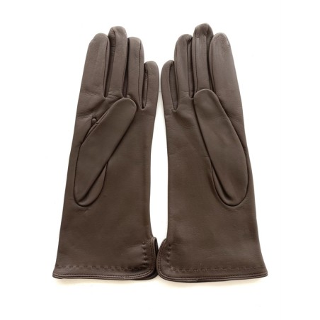 Gants en Cuir d'Agneau Brun Violette Doublés Soie.