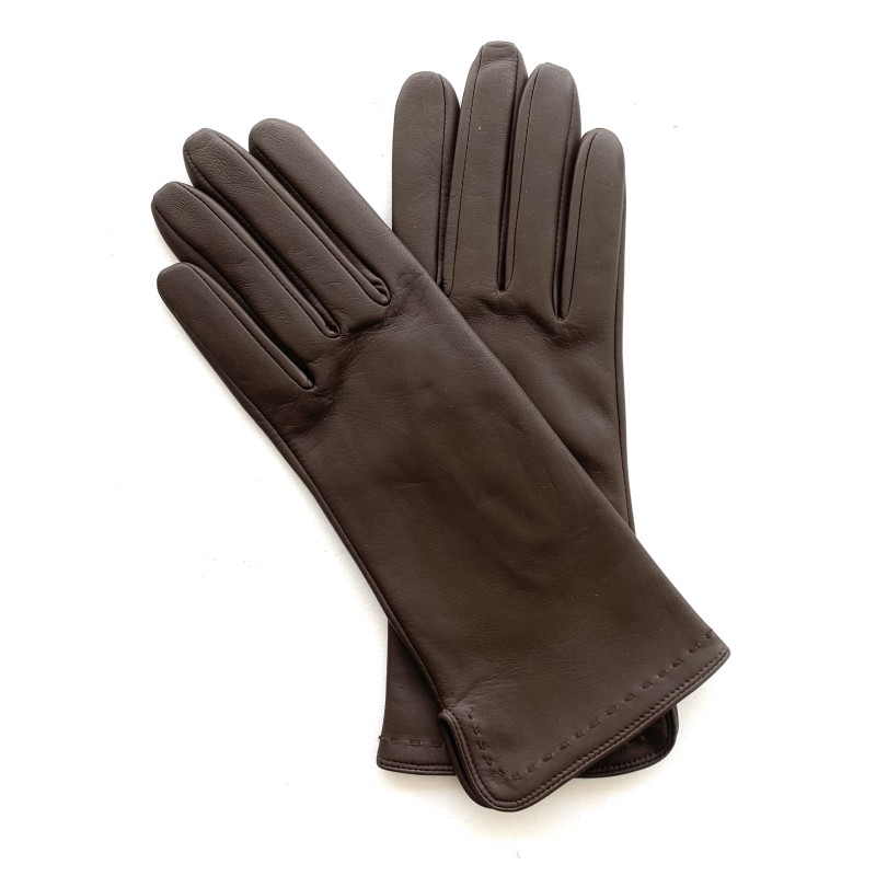 Gants en Cuir d'Agneau Brun Violette Doublés Soie.
