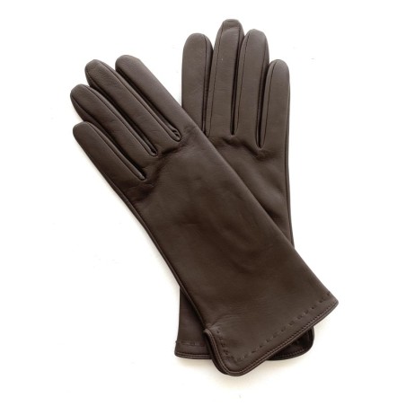 Gants en Cuir d'Agneau Brun Violette Doublés Soie.