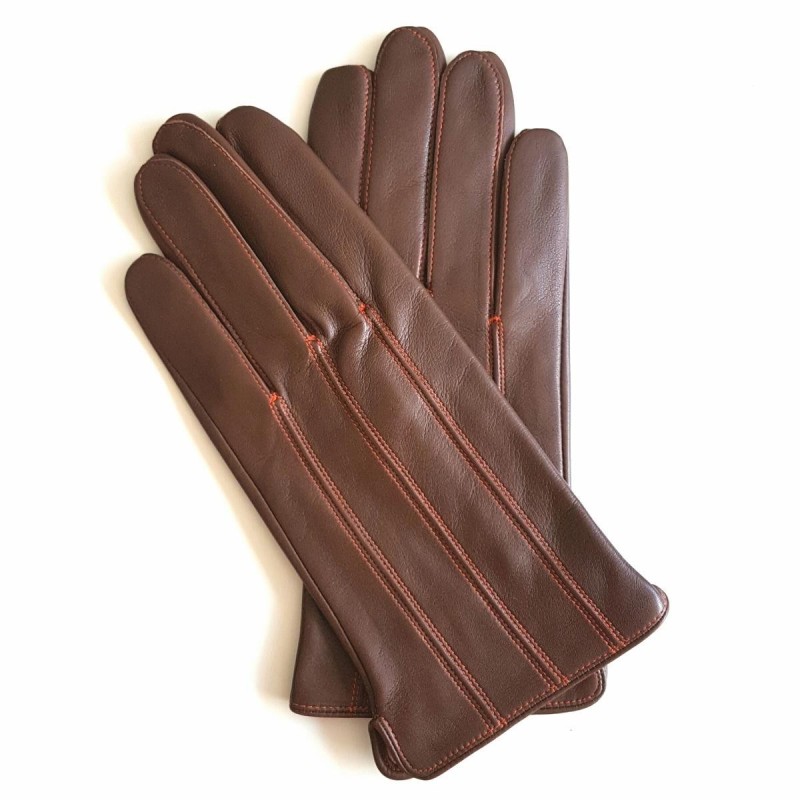 Gants en Cuir d'Agneau Marron Orange Georges Doublés Soie.