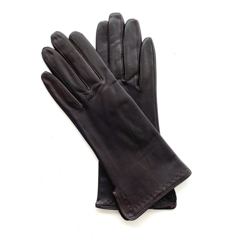 Gants en Cuir d'Agneau Marron Violette Doublés Soie.