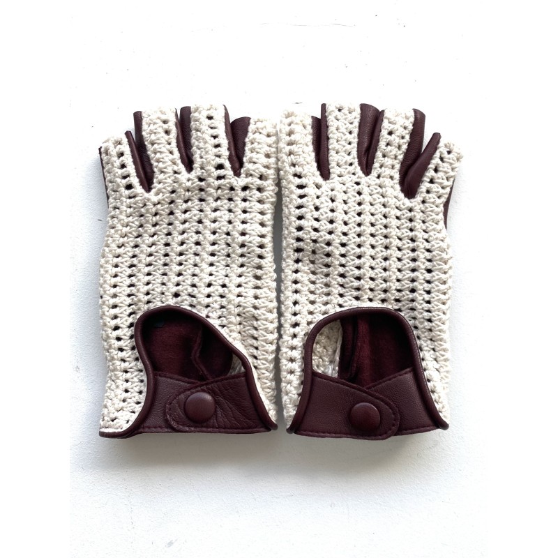 Mitaines Cuir d'Agneau Crochet Bordeaux Blanc Michèle Non Doublées.