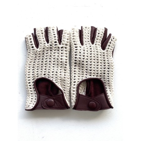 Mitaines Cuir d'Agneau Crochet Bordeaux Blanc Michèle Non Doublées.