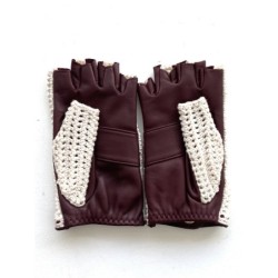 Mitaines Cuir d'Agneau Crochet Bordeaux Blanc Michèle Non Doublées.