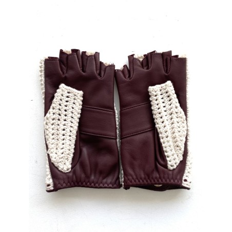 Mitaines Cuir d'Agneau Crochet Bordeaux Blanc Michèle Non Doublées.