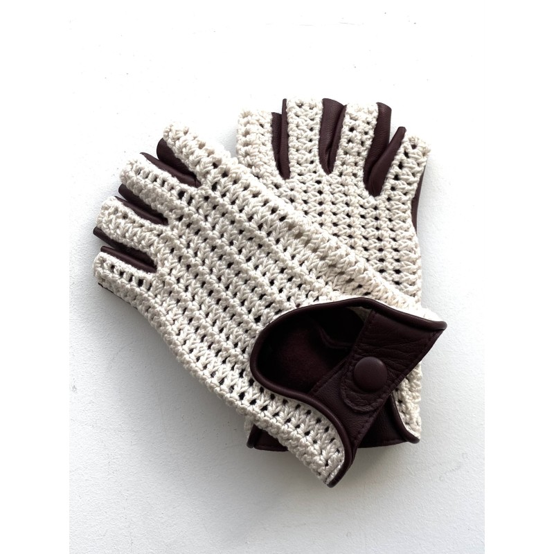 Mitaines Cuir d'Agneau Crochet Bordeaux Blanc Michèle Non Doublées.