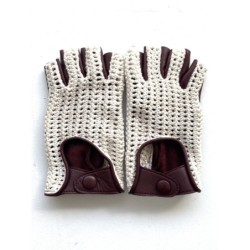 Mitaines Cuir d'Agneau Crochet Bordeaux Blanc Michèle Non Doublées.