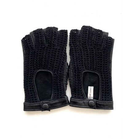 Mitaines Cuir d'Agneau Crochet Noir Michèle Non Doublées.