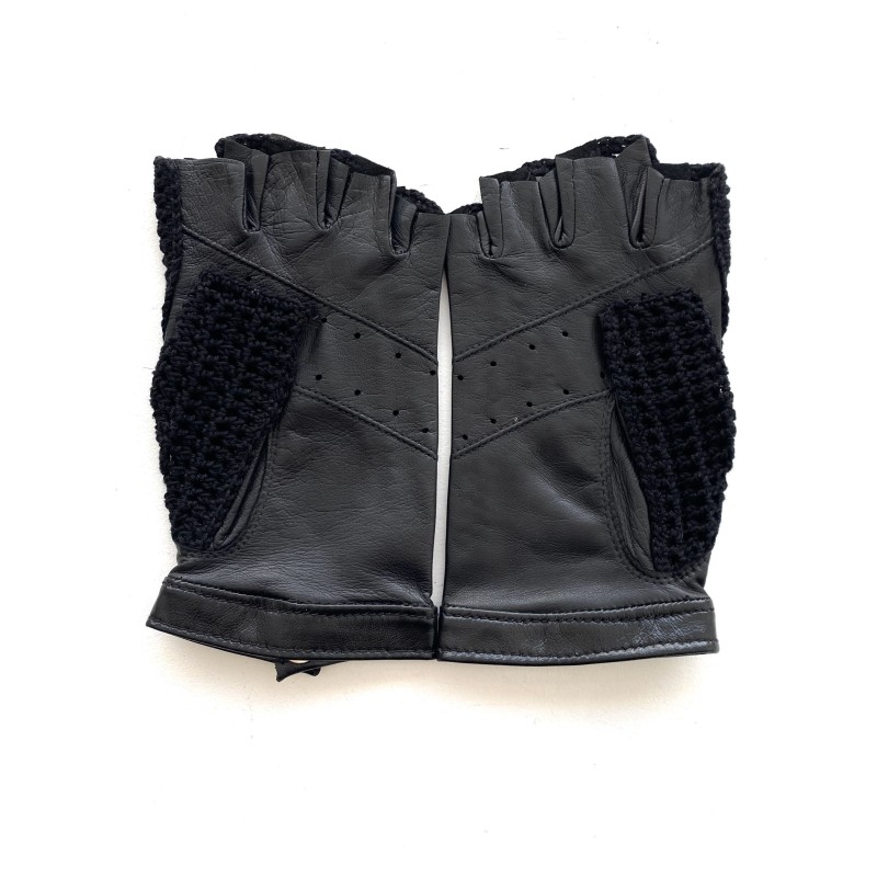 Mitaines Cuir d'Agneau Crochet Noir Michèle Non Doublées.