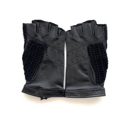 Mitaines Cuir d'Agneau Crochet Noir Michèle Non Doublées.