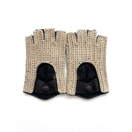 Mitaines en Cuir d'Agneau Crochet Coton Noir écru Pilote Non Doublés