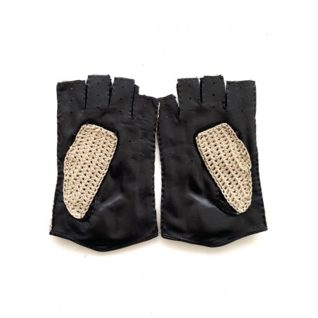 Mitaines en Cuir d'Agneau Crochet Coton Noir écru Pilote Non Doublés