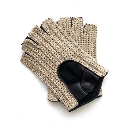 Mitaines en Cuir d'Agneau Crochet Coton Noir écru Pilote Non Doublés