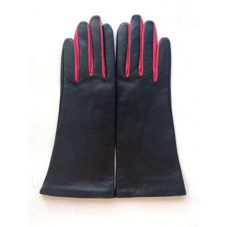 Gants en Cuir d'Agneau Noir Fuchsia Elisa Doublés Soie.