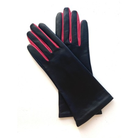 Gants en Cuir d'Agneau Noir Fuchsia Elisa Doublés Soie.