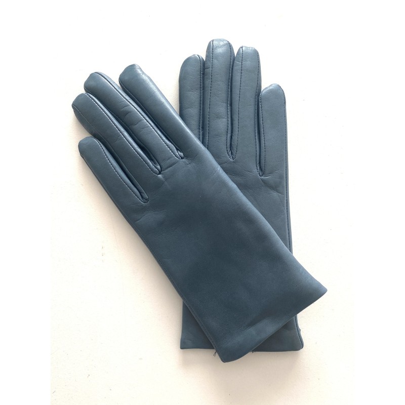 Gants en Cuir d'Agneau Bleu Acier Capucine Doublés Cachemire.