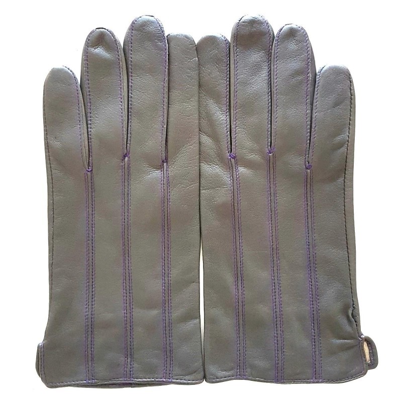 Gants en Cuir d'Agneau Gris, Améthyste Georges Doublés en Soie.