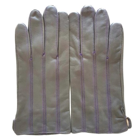 Gants en Cuir d'Agneau Gris, Améthyste Georges Doublés en Soie.