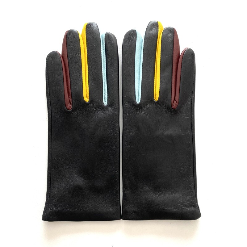 Gants en Cuir d'Agneau Noir Ciel et Jaune Carla Doublés Soie.