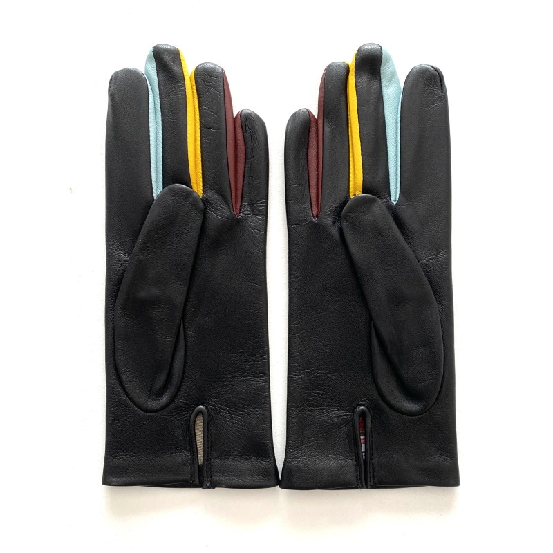 Gants en Cuir d'Agneau Noir Ciel et Jaune Carla Doublés Soie.