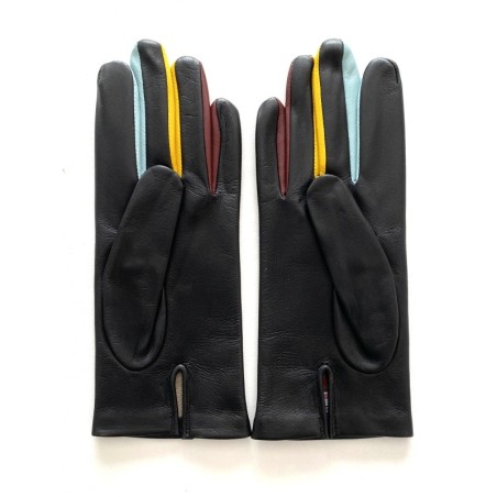 Gants en Cuir d'Agneau Noir Ciel et Jaune Carla Doublés Soie.