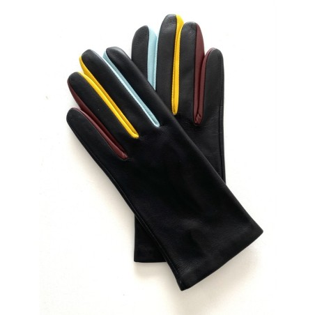 Gants en Cuir d'Agneau Noir Ciel et Jaune Carla Doublés Soie.
