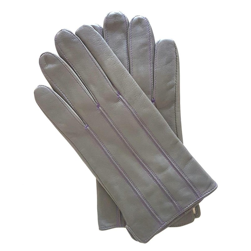 Gants en Cuir d'Agneau Gris, Améthyste Georges Doublés en Soie.
