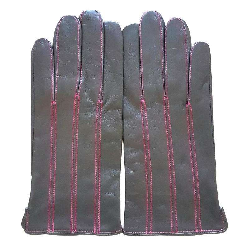 Gants en Cuir d'Agneau Gris Fuchsia Georges Doublés en Soie.