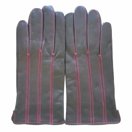 Gants en Cuir d'Agneau Gris Fuchsia Georges Doublés en Soie.