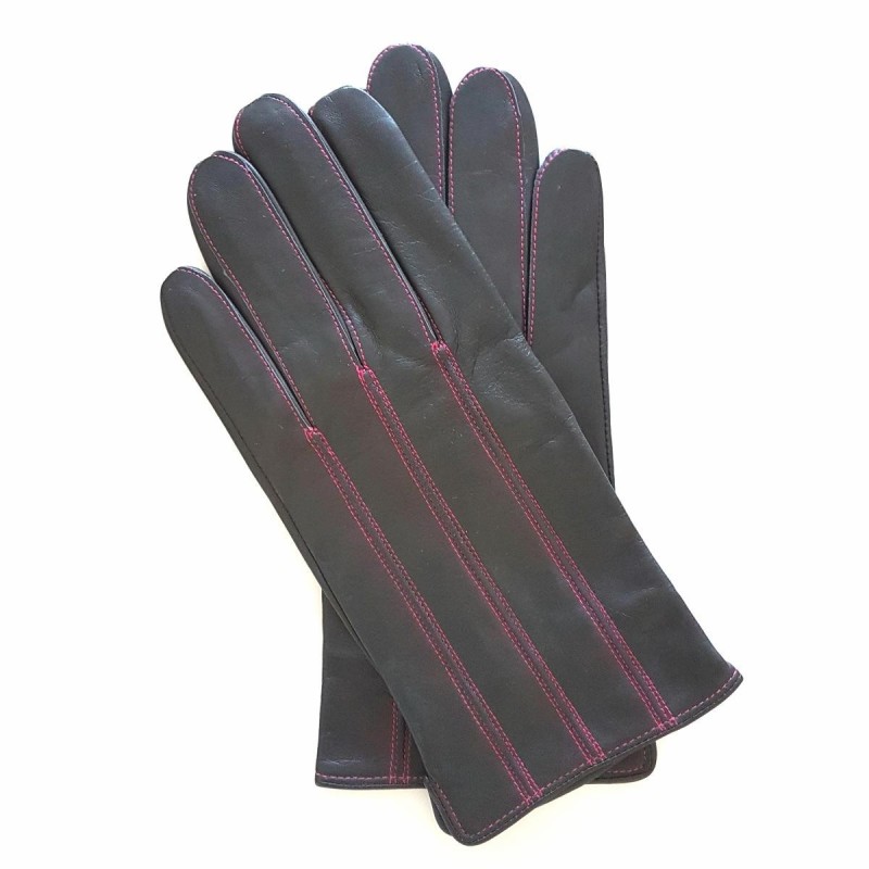Gants en Cuir d'Agneau Gris Fuchsia Georges Doublés en Soie.