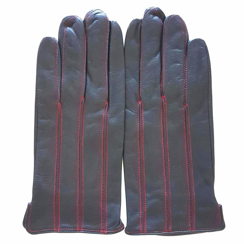 Gants en Cuir d'Agneau Noirs Rouges Georges Doublés en Soie.