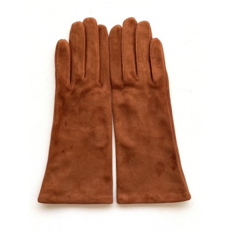 Gant en Cuir Chèvre Velours Cognac Coline Bis Doublés Soie.
