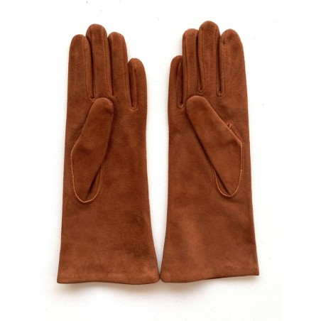 Gant en Cuir Chèvre Velours Cognac Coline Bis Doublés Soie.
