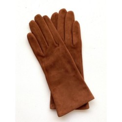 Gant en Cuir Chèvre Velours Cognac Coline Bis Doublés Soie.