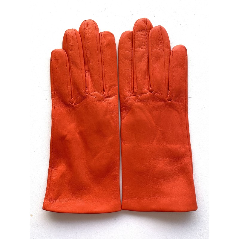 Gants en Cuir d'Agneau Capucine Orange Bis Doublés Soie.