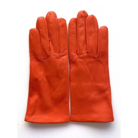Gants en Cuir d'Agneau Capucine Orange Bis Doublés Soie.