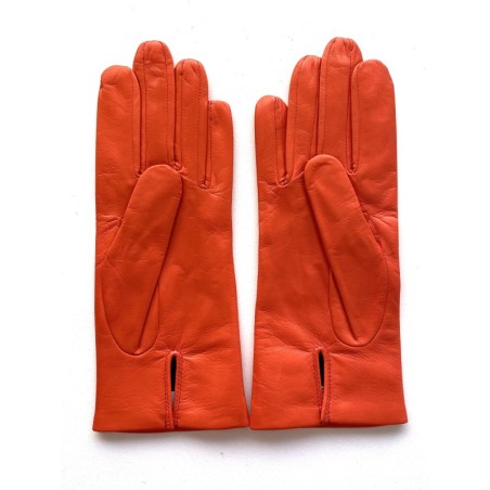 Gants en Cuir d'Agneau Capucine Orange Bis Doublés Soie.