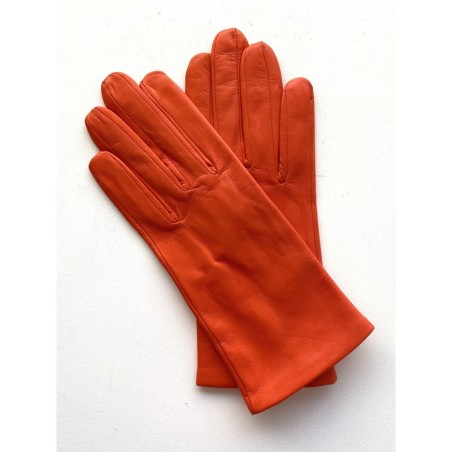 Gants en Cuir d'Agneau Capucine Orange Bis Doublés Soie.