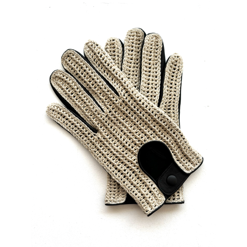 Gants en Cuir d'Agneau Crochet Coton Noir Beige Augustin Non doublés