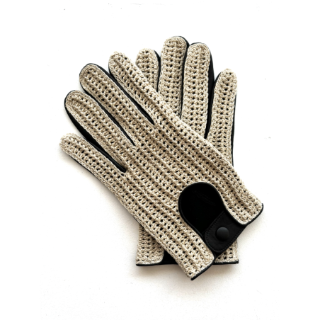 Gants en Cuir d'Agneau Crochet Coton Noir Beige Augustin Non doublés