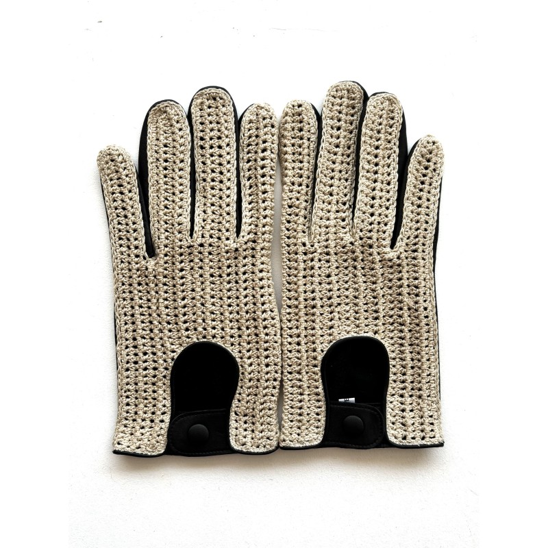 Gants en Cuir d'Agneau Crochet Coton Noir Beige Augustin Non doublés