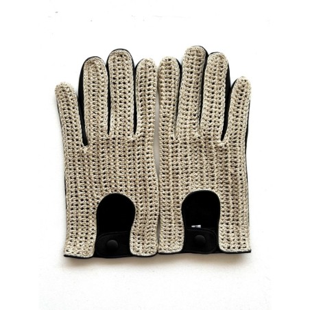 Gants en Cuir d'Agneau Crochet Coton Noir Beige Augustin Non doublés