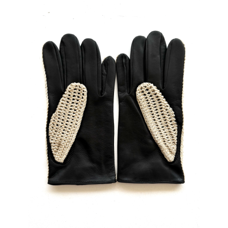 Gants en Cuir d'Agneau Crochet Coton Noir Beige Augustin Non doublés