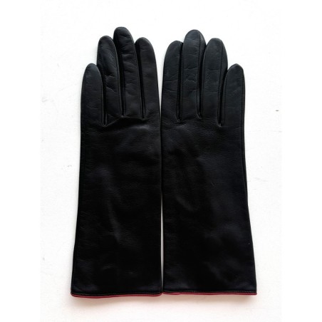 Gants en Cuir d'Agneau Noir Rouge Jacinthe Doublés Soie