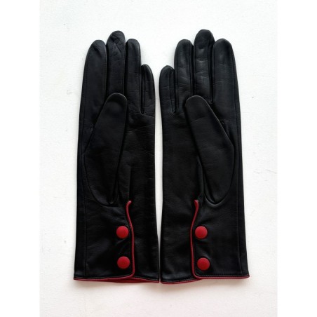 Gants en Cuir d'Agneau Noir Rouge Jacinthe Doublés Soie