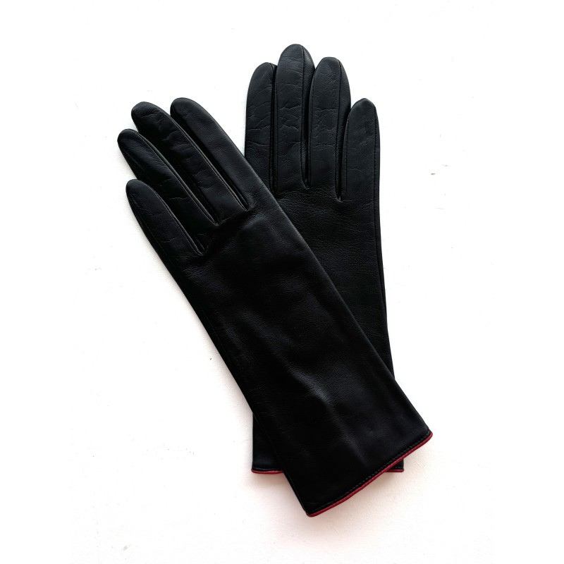 Gants en Cuir d'Agneau Noir Rouge Jacinthe Doublés Soie