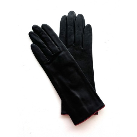 Gants en Cuir d'Agneau Noir Rouge Jacinthe Doublés Soie